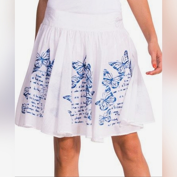 NWT Desigual Embroidered Butterfly Swing Flouncy Flowy Skirt White Blue Size S - Picture 2 of 16